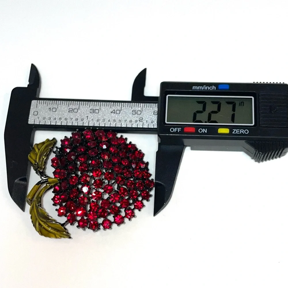 Weiss Red Rhinestone Apple Brooch Pin, Japanned Black Setting, Enamel Leaves